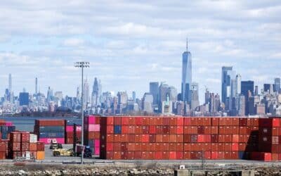 Photo: Shipping containers are seen in the Port Jersey container terminal, with the Manhattan horizon in the distance, in Jersey City, New Jersey, April 8, 2025.